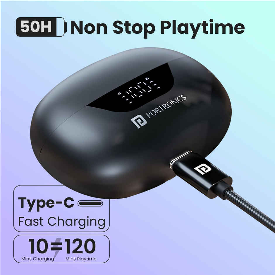 Portronics Harmonics Twins 28 ANC TWS in Ear Earbuds with Smart Touch Control, 50 Hours Playback, Quad Mic ENC, Low Latency, 13mm Dynamic Driver, IPX 5 Water Resistant, Fast Type C Charging - Black