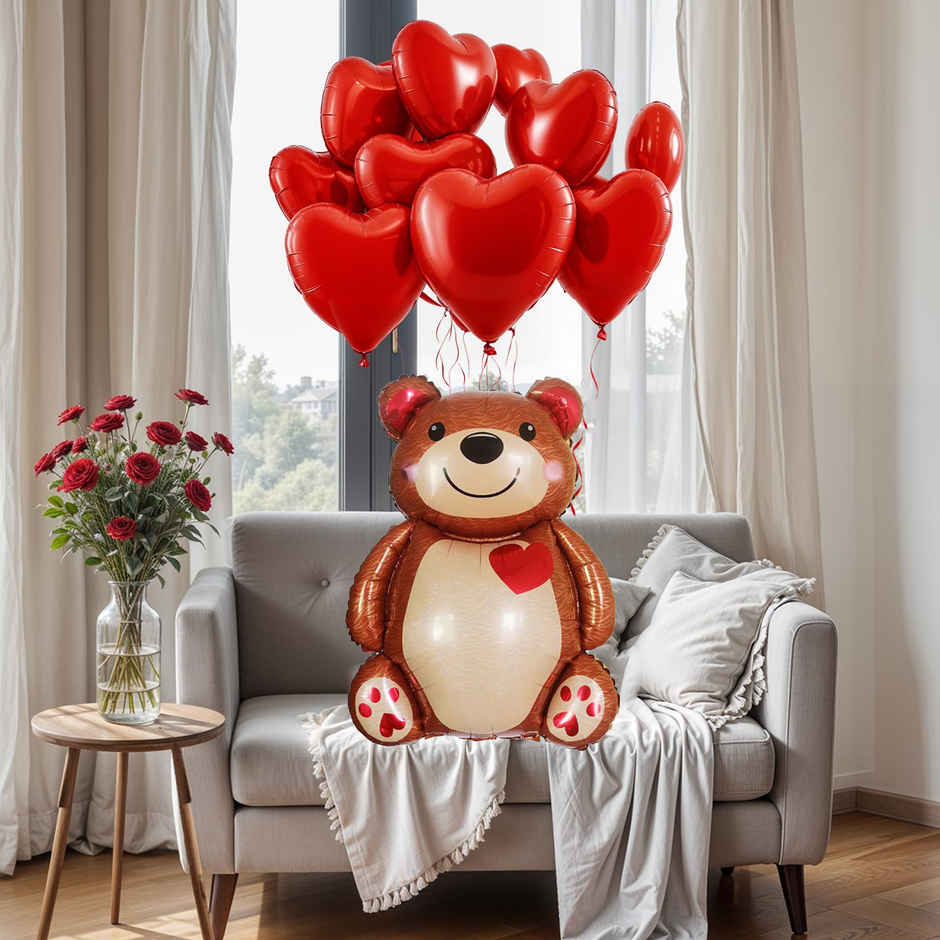 Happy Valentine Decoration with Red Heart and Teddy Foil Balloons | Party Propz