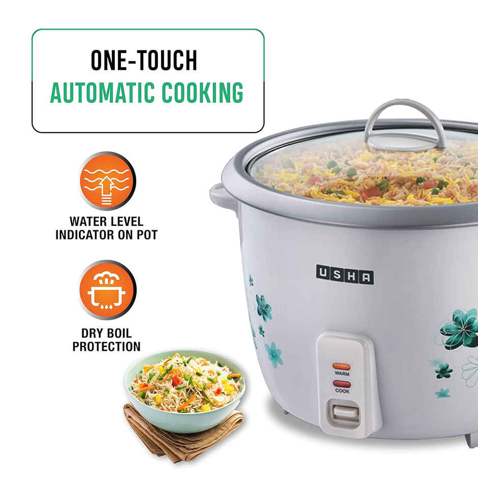 Usha RC10GS1 Steamer 500 Watt Automatic Rice Cooker 1 Litres with Powerful Heating Element, Keep Rice Warm for 5 Hrs, Steamer, Trivet Plate & more accessories,White)