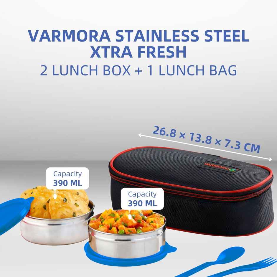 Varmora Xtra Fresh Lunch Blue Leak Proof Stainless Steel Lunch Box 2 Storage Containers 390 ml each