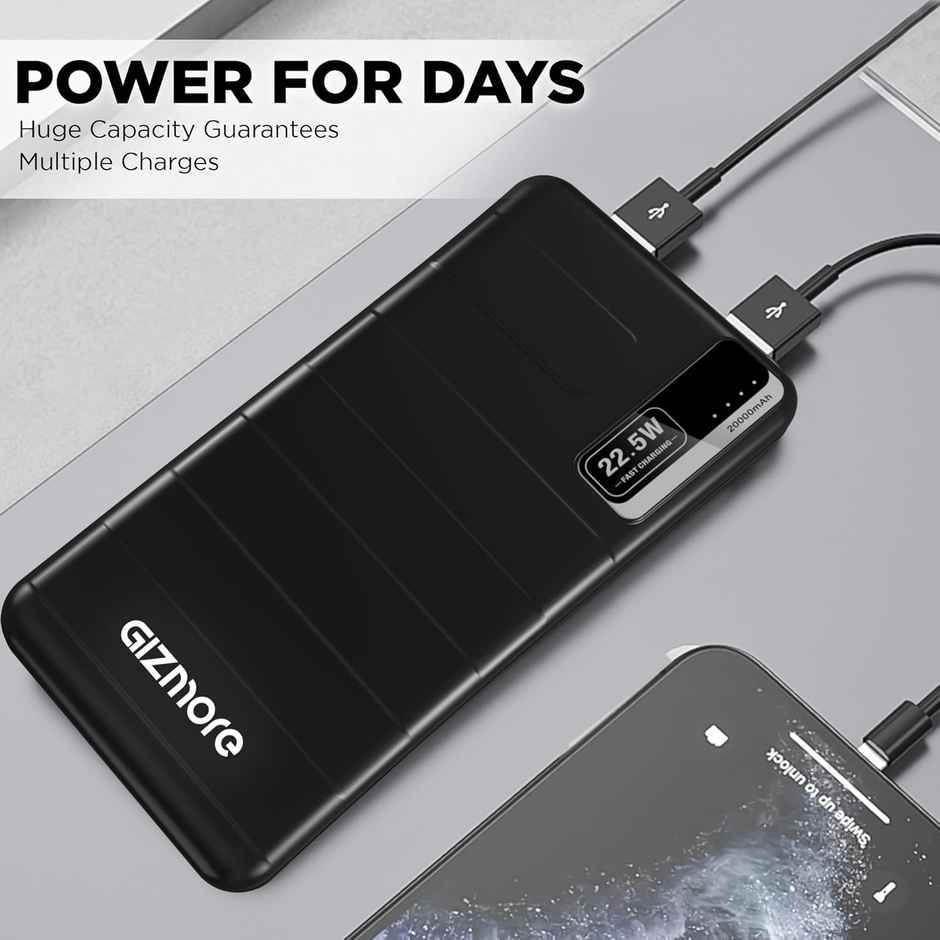 Gizmore Pd20Kp2 20000 mAh Pd Power Bank 22.5W Fast Charging With Type-C Charging Cable