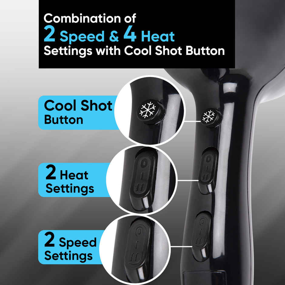 VEGA Pro Touch 2000W Professional Hair Dryer With Cool Shot (Vhdp-02), Black