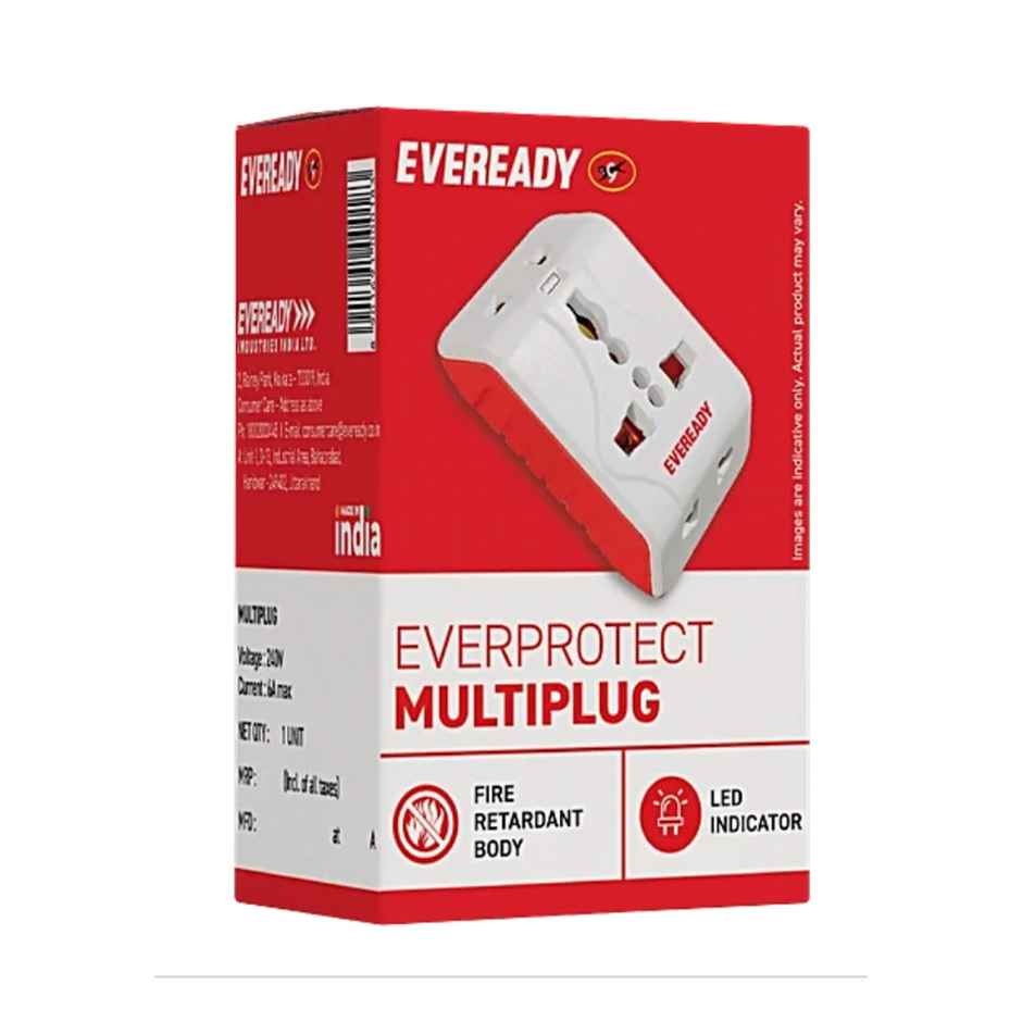 Eveready Everprotect Multi Plug | Fire Retardant Body, 240V, 6A Max, (For Mobile Charging, small appliances) - Red & White