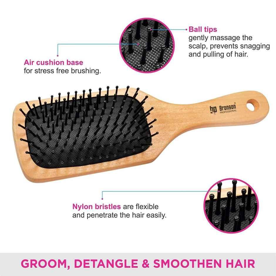 Bronson Professional Paddle Hair Brush Wooden With Strong & Flexible Nylon Bristles