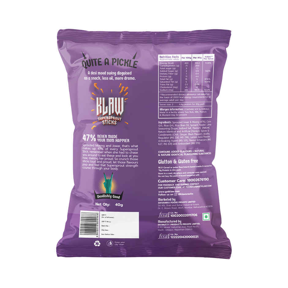 Klaw Achari Nimbu | Sprouted Moong & Jowar Sticks | Baked | No Palm Oil | High Protein