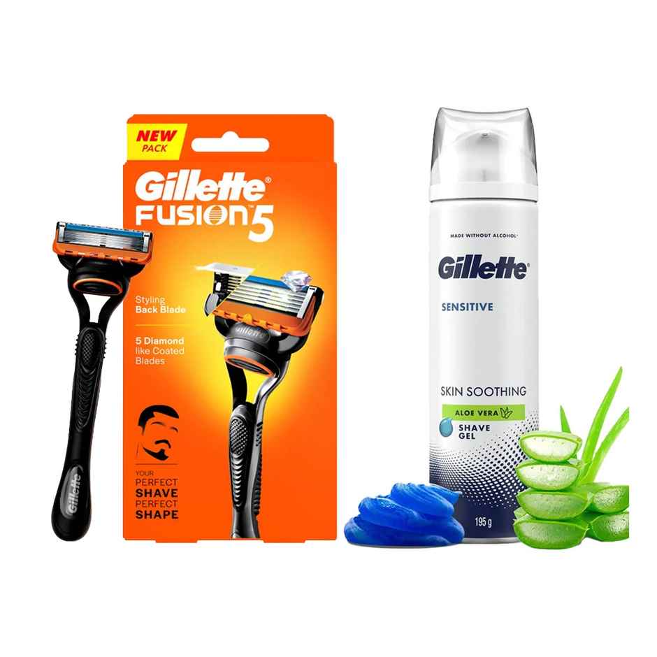 Gillette Fusion Manual Shaving Razor For Men (1pc) & Gillette Sensitive Shaving Gel Soothing With Aloe Vera (195g) Combo