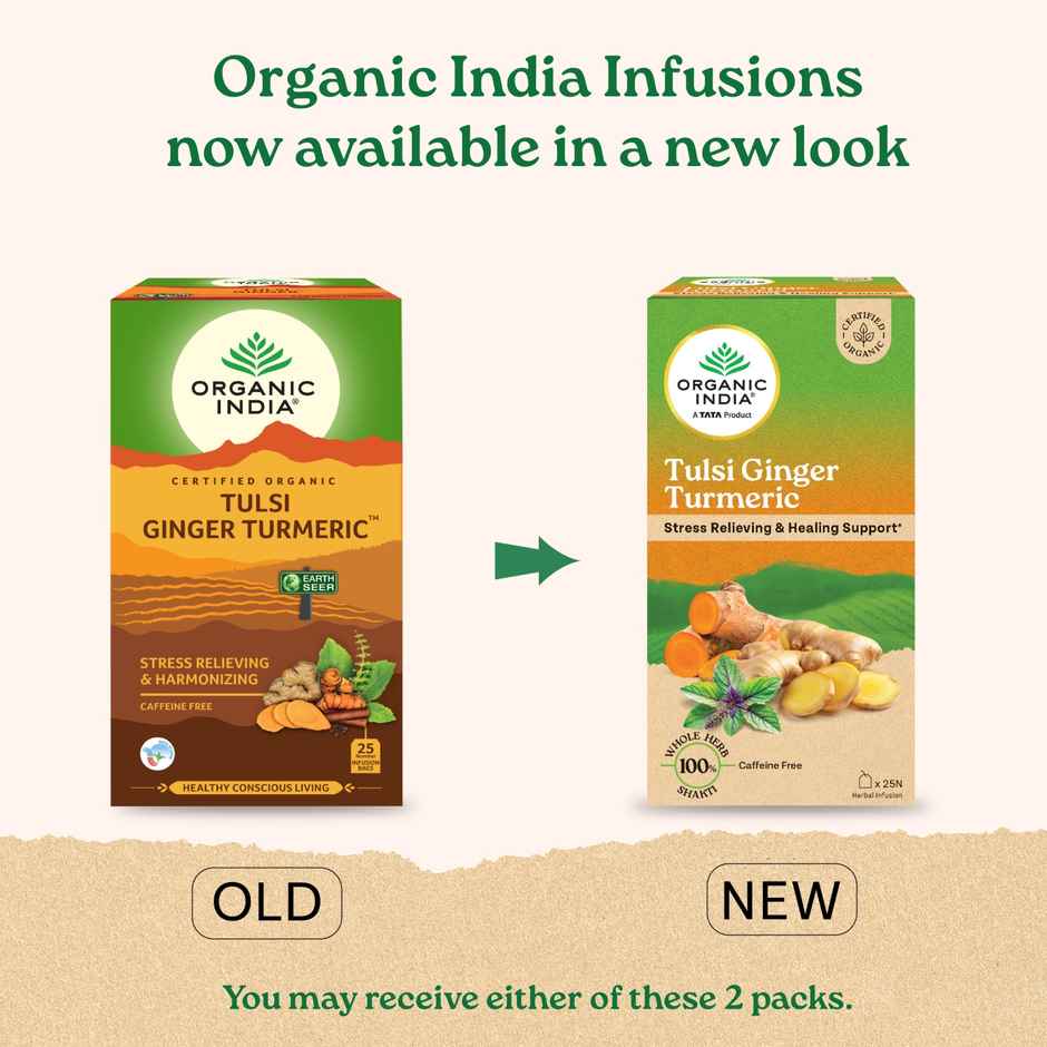 A TATA Product - Organic India Tulsi, Turmeric, Cinnamon, and Pepper Ginger Turmeric - 25 Tea Bags