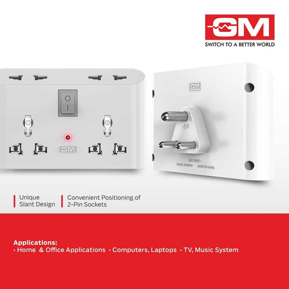GM 3019 3 Pin 6 AMP Universal Multiplug Travel Adapter with 4 Charging Point | Useful for Small Applications, Mobiles, Computers, Laptops | Adapter with Inbuilt Surge Protector & Power Indicator - White