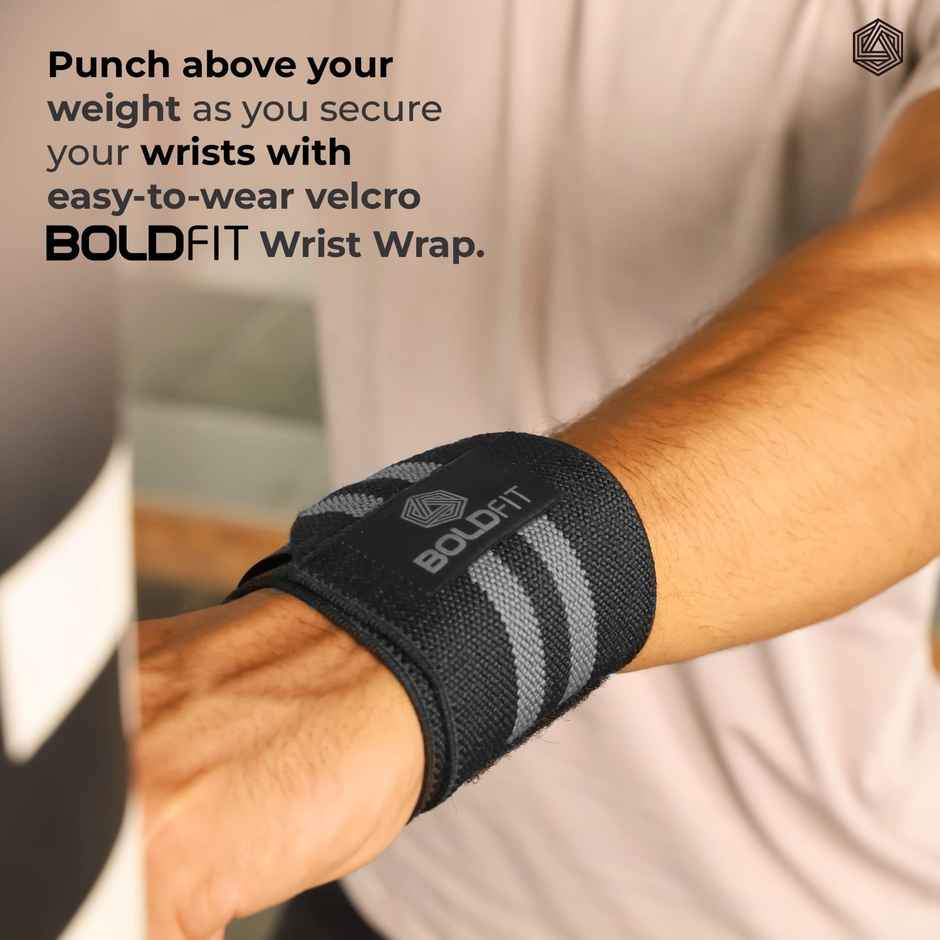 Boldfit Wrist Support Band,Wrist Band,Gym Support Band,2 Stripes Printergreyb/Black