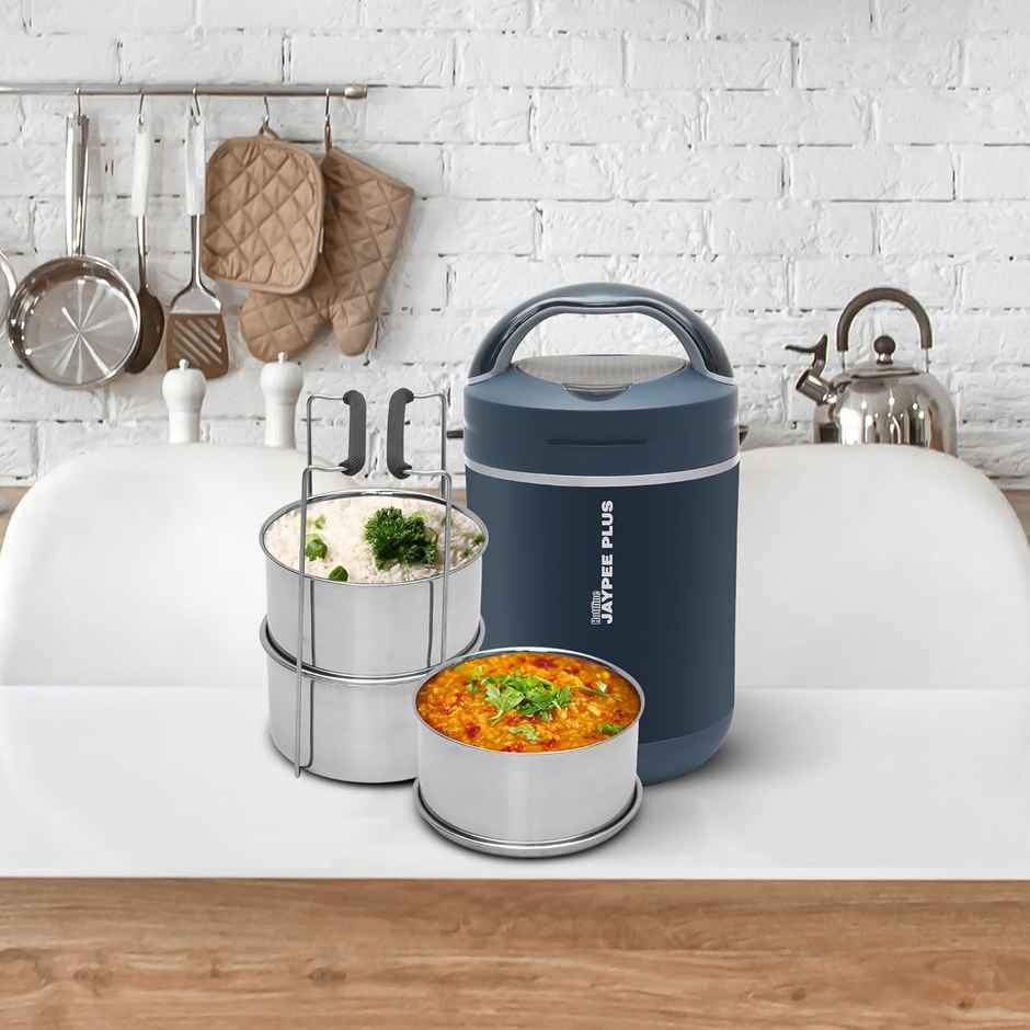 Jaypee Plus Hott Line Electric Lunch Box, 3 Stainless Steel Container, Dark Blue