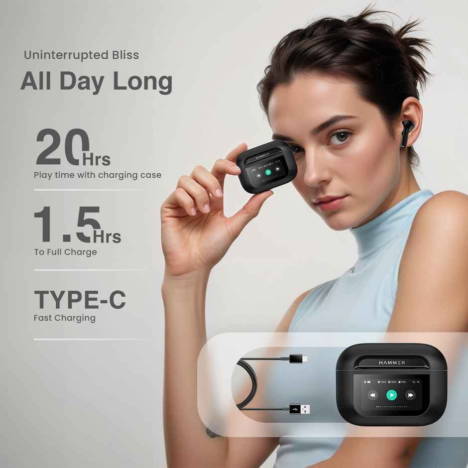Hammer Anc (32Db) Tws| 30Hr Battery 5 Eq Modes Touch Screen True Wireless Buds -Matte Finish Black