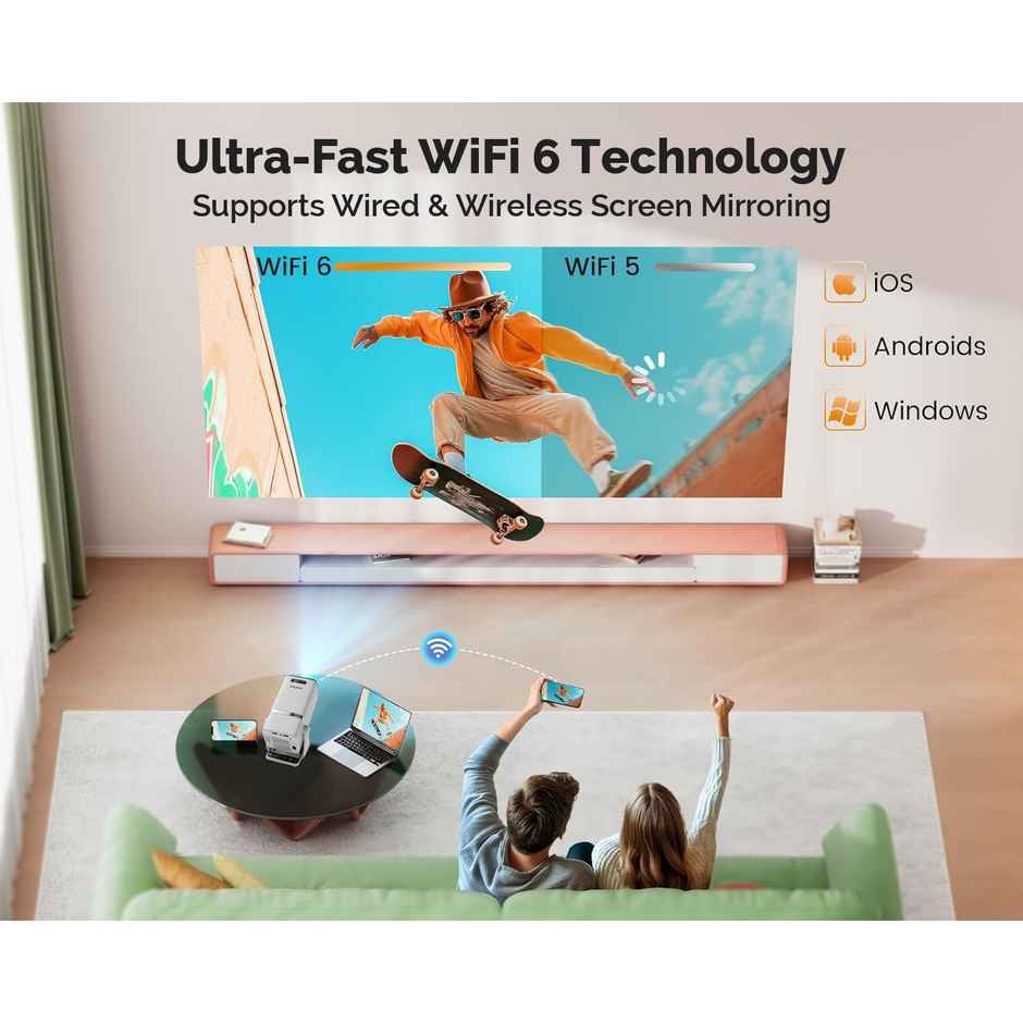 WZATCO Yuva Go Android 13.0 Smart Projector, 1080P & 4K Support, Rotatable Design, Auto & 4D Keystone with Netflix, Prime etc, WiFi 6 & BT, Screen Mirroring, ARC, 720P Native - White