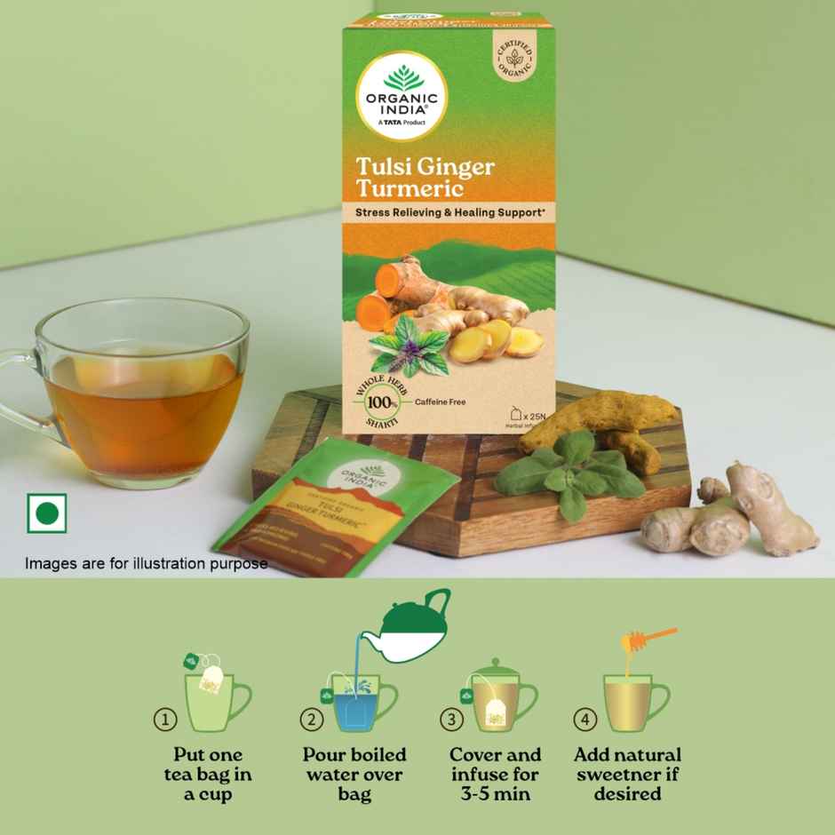 A TATA Product - Organic India Tulsi, Turmeric, Cinnamon, and Pepper Ginger Turmeric - 25 Tea Bags