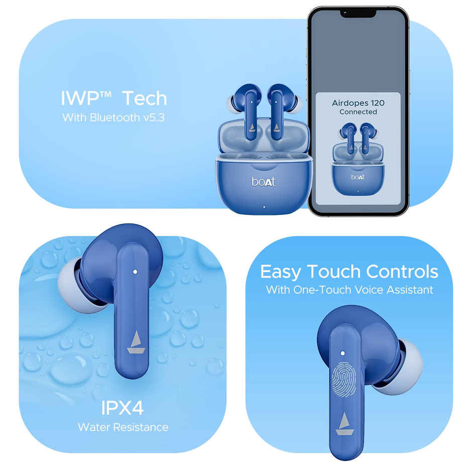 boAt Airdopes 120 TWS | 40H Playtime, Quad Mic ENx, 65ms Beast Mode, IPX4 | Dawn Blue