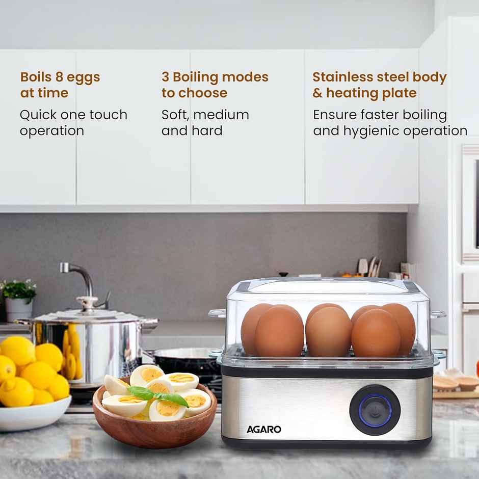 Agaro Grand Egg Boiler And Poacher, 500W, 2-in1 Boils 8 Eggs, Poach 4 Eggs, Steamed Vegetables, 3 Boiling Modes, Stainless Steel Body - Silver