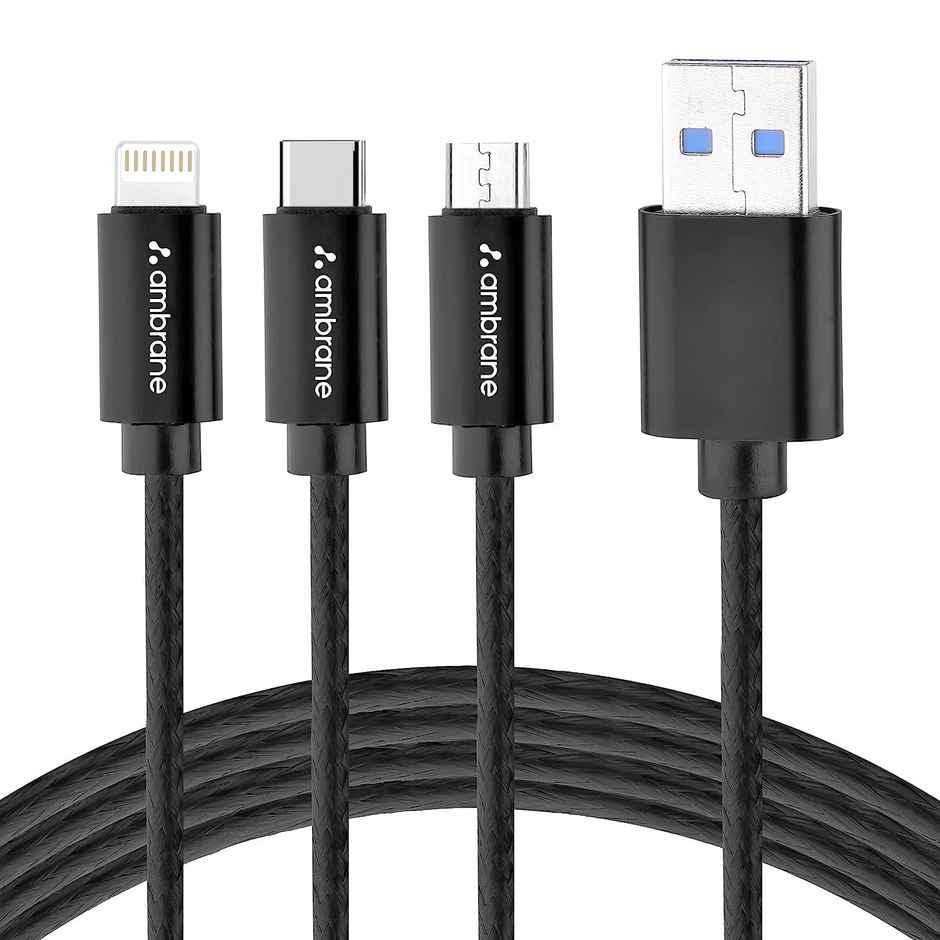 Ambrane Trio-11 Unbreakable 3 in 1 USB Fast Charging USB Cable with Type C, Lightning, Micro USB Port with 2.1 A, Compatible with iPhone, iPad, Samsung, OnePlus, Mi, Oppo, Vivo, Xiaomi, 1.25M - Black