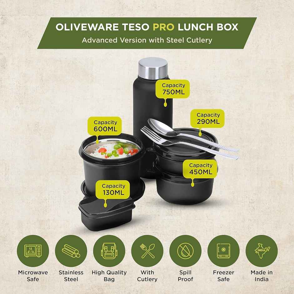 Oliveware Teso Pro Lunch Box With Steel Cutlery - Black