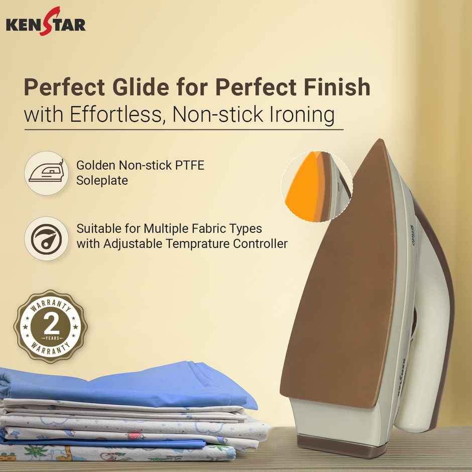 Kenstar Glido 1000 W Dry Iron Quick Heat Up, Anti Bacterial Dual Coated Soleplate-Ivory & Brown