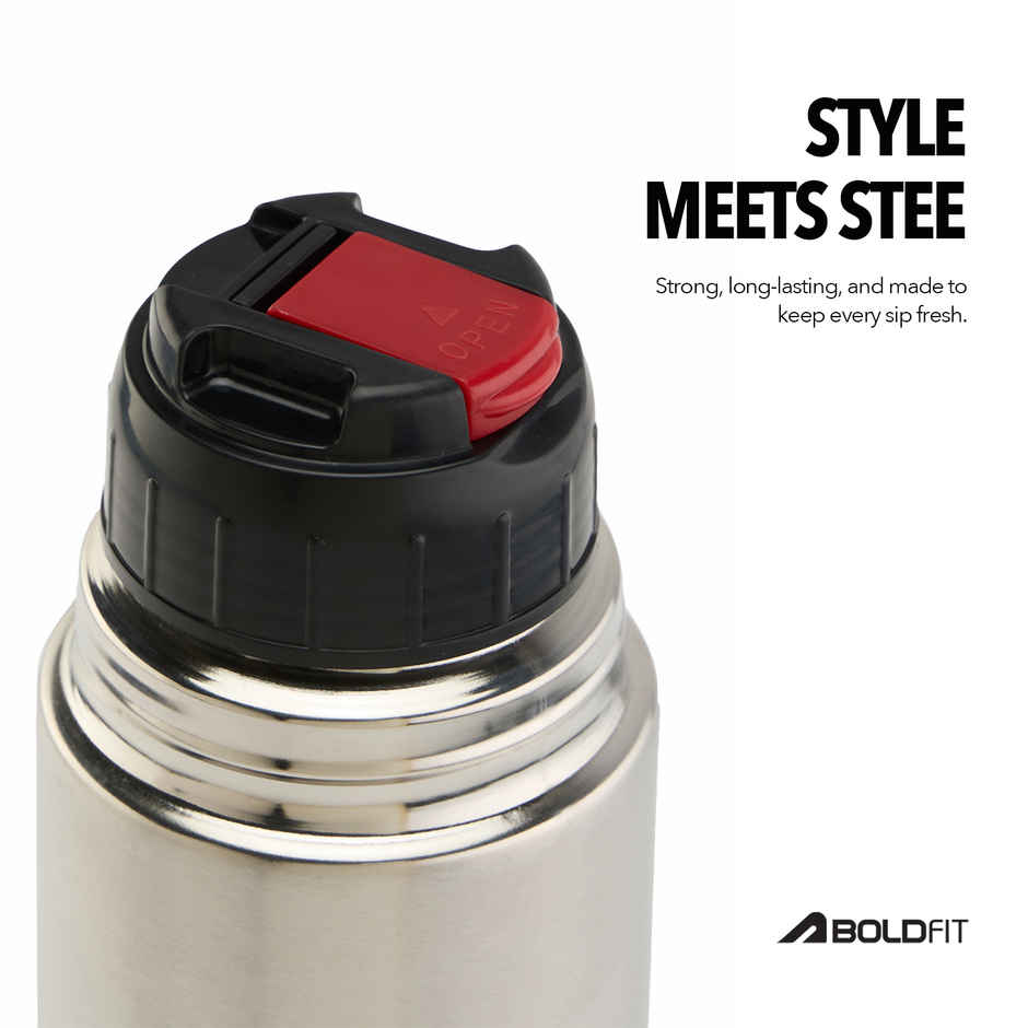 Boldfit Silver Thermosteel Water Bottle | Hot & Cold Flask with Carry Bag for Travel | 1 L