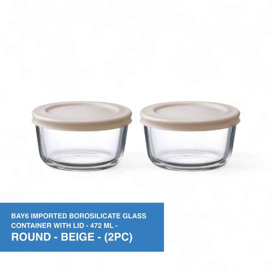 BAY6 Premium Imported Borosilicate Glass Container with Lid -472 ml - Round - Set of 2 - Beige