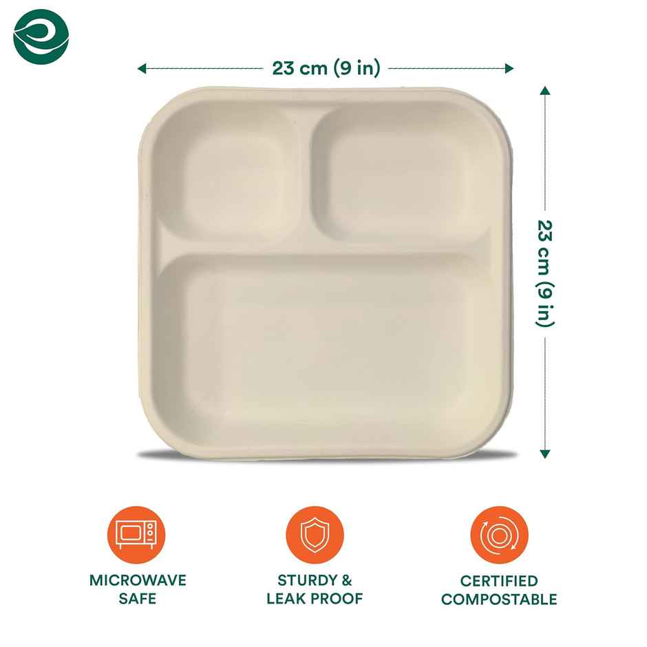 Sugarcane Fiber Pulp Plate | Round | 9 inch | 3 Compartment | Pack of 10 | Tempware