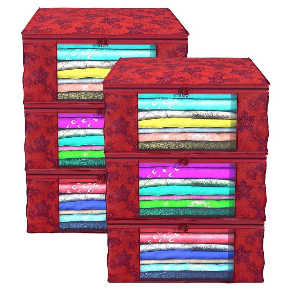 Kuber Industries Non Woven Metalic Print 6 Pieces Transparent Window Saree Cover (Red)