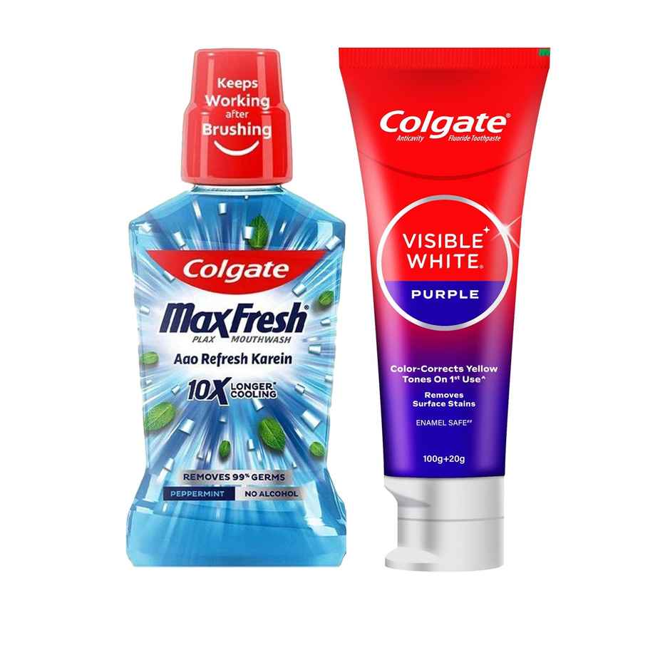 Colgate Visible White Purple Toothpaste | Color-Corrects Yellow Tones (120g) & Colgate Plax Peppermint Mouthwash (250ml) Combo