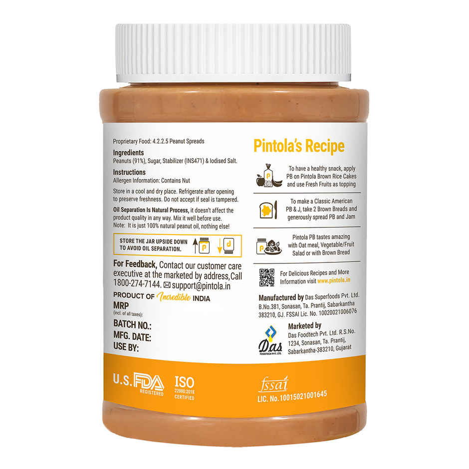 Pintola Classic Peanut Butter Crunchy Original American Recipe With High Protein Fiber