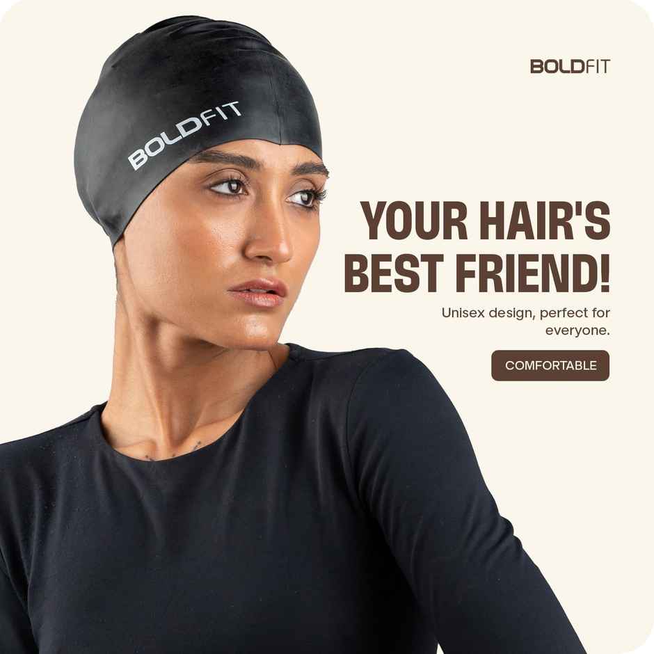 Boldfit Silicone Swimming Cap for Unisex Swim Cap for Kids & Adults Easy Fit - Black