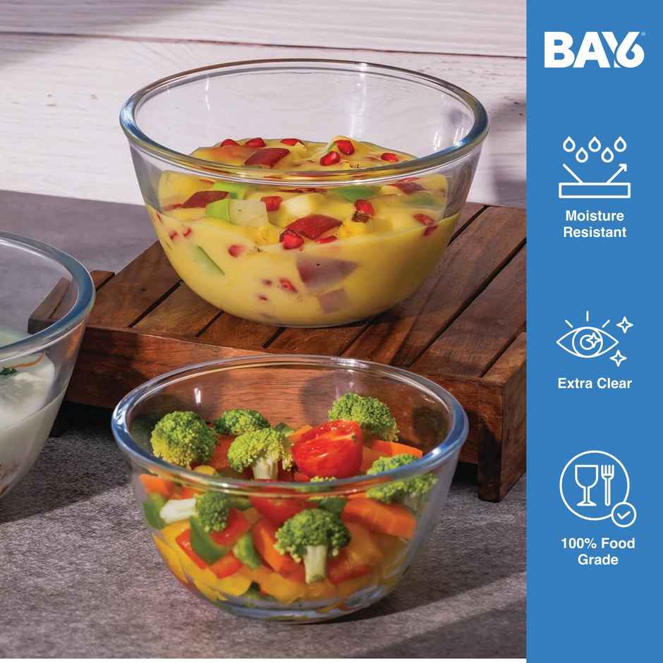 BAY6 Premium Imported Borosilicate Glass Mixing Bowl - Set of 3 -(500ml+1000 ml+1500 ml)