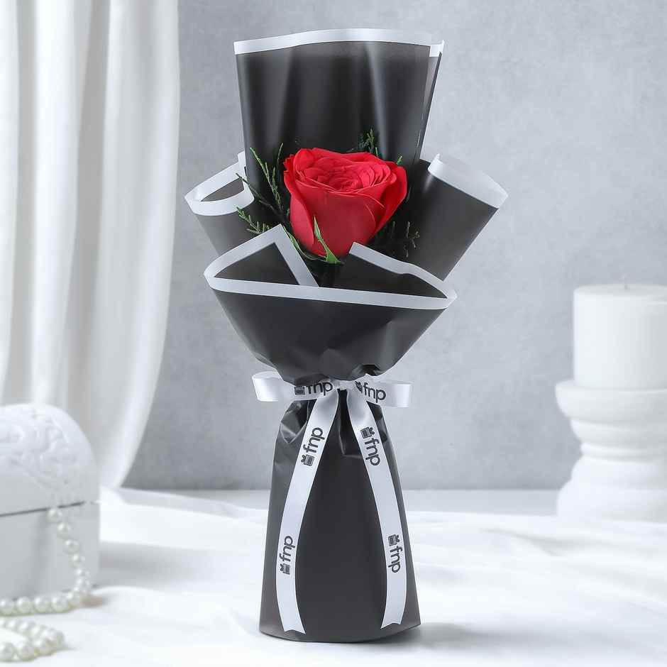 Galaxy Smooth Milk Chocolate Bar For Gifting (110g) & Fnp Single Red Rose Bouquet (1pc) Combo  