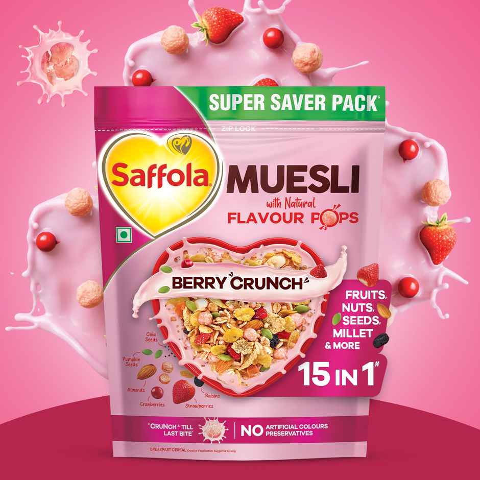 Saffola Muesli Fruit & Nut Berry Crunch with Flavour Pops | 15 In 1 Fruit And Nuts, Seeds | Millet & More