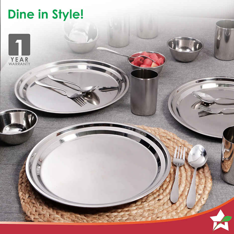 Wonderchef Venice Stainless Steel Dinner Set of 12 Pcs | Plates | Glasses | Bowls | Spoons