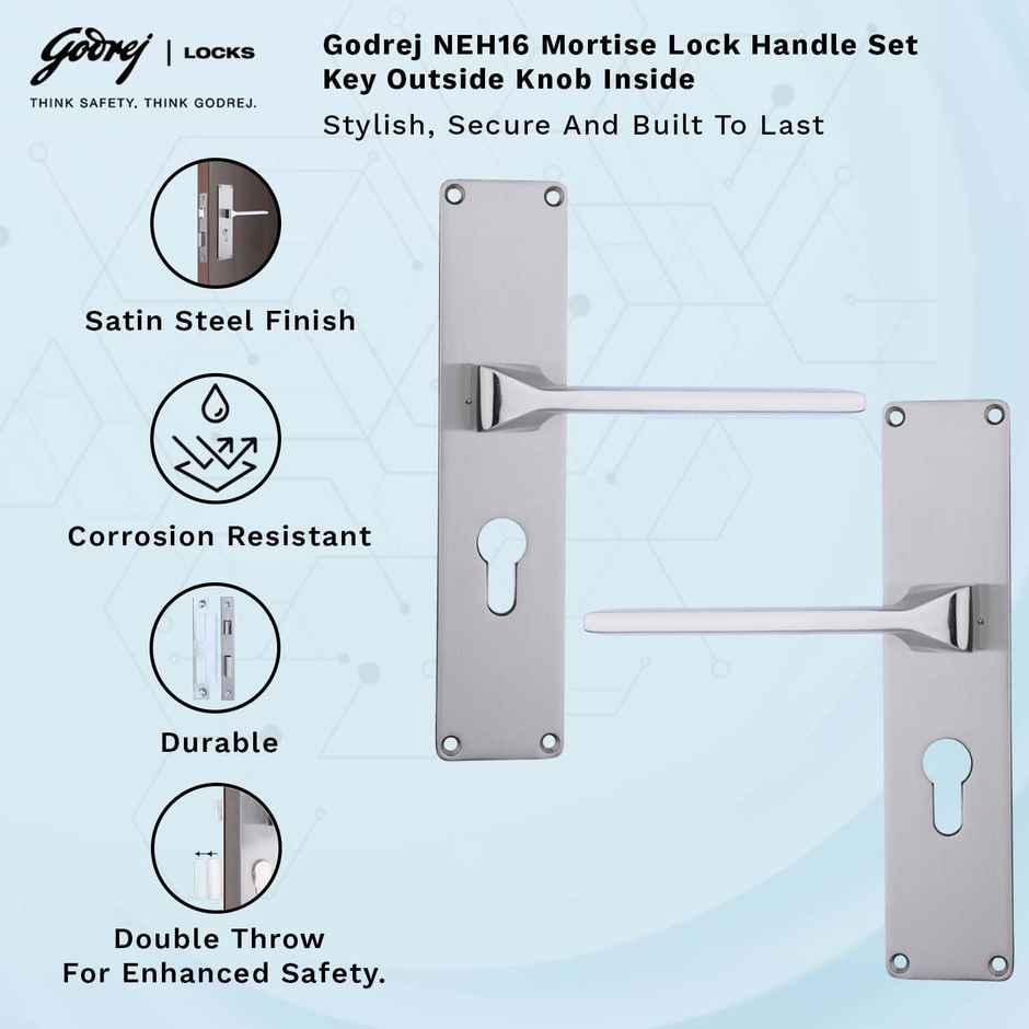 Godrej Mortise Lock NEH 16-1Ck | Europrofile | 5-Pin Mechanism | Satin Steel Finish