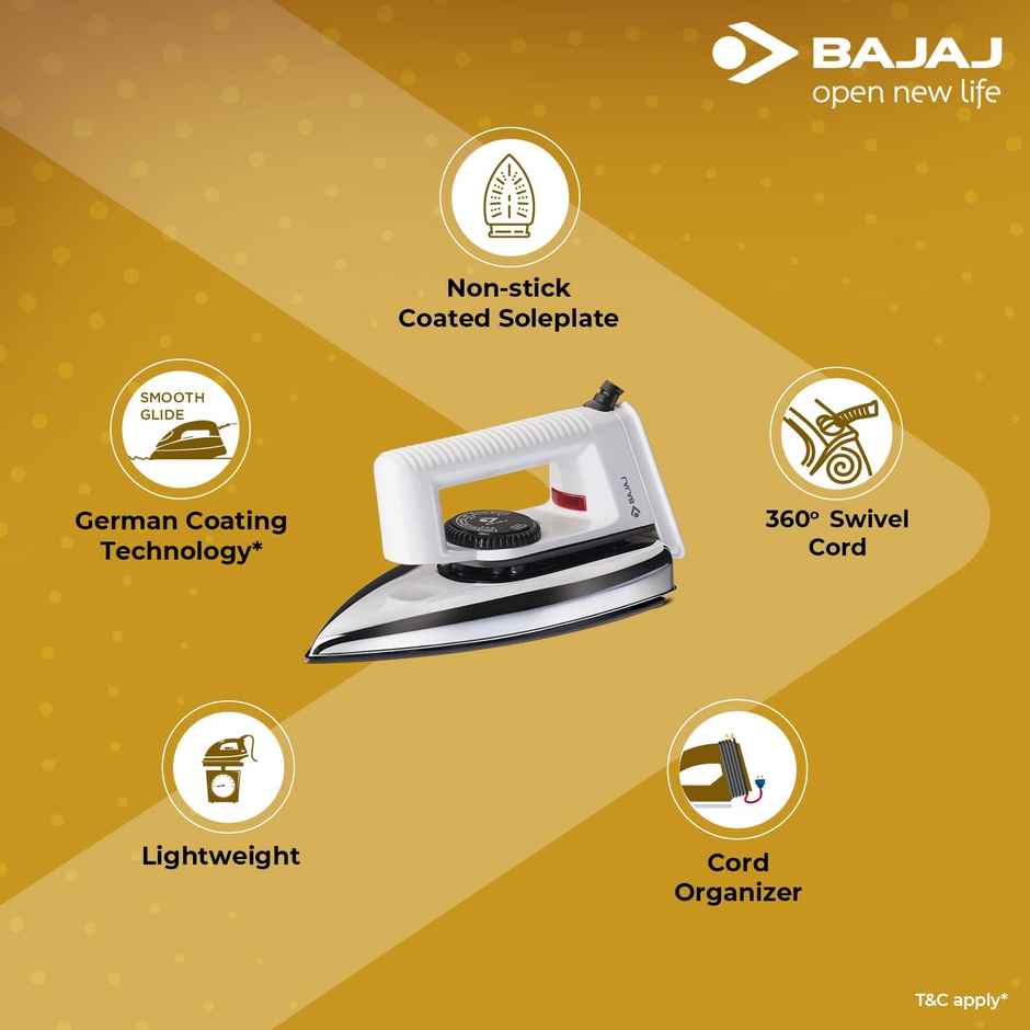 Bajaj Popular Light Weight 1000W Dry Iron | Advance Soleplate And Anti-Bacterial German Coating Technology | 360 Degree Swivel Cord | Cool Touch Handle - White