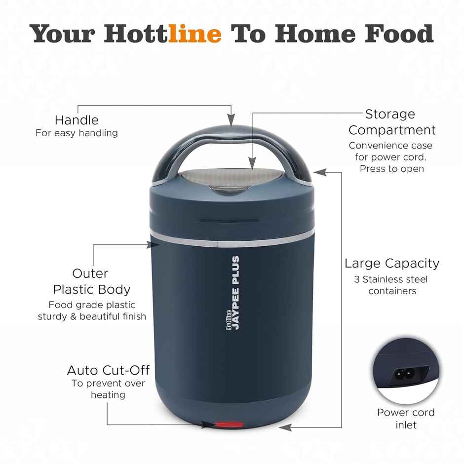 Jaypee Plus Hott Line Electric Lunch Box, 3 Stainless Steel Container, Dark Blue