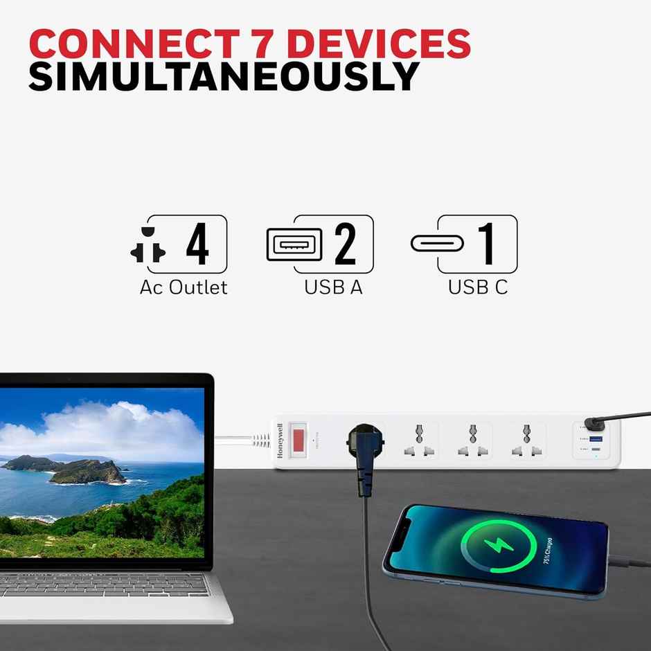 Honeywell 4 Outlet Surge Protector With 1Xtype C With Pd & 2Xusb