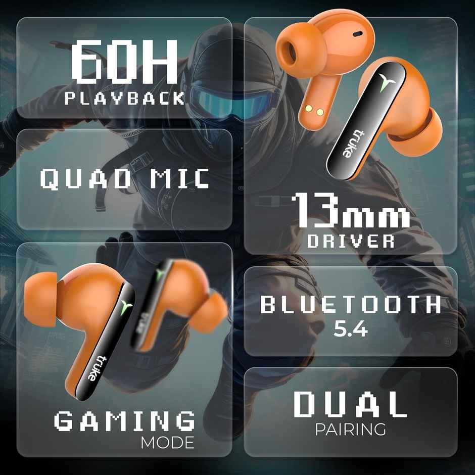 truke BTG Flex Truly Wireless Bluetooth Earbuds with Dual Pairing, 60H Battery- SunsetOrange