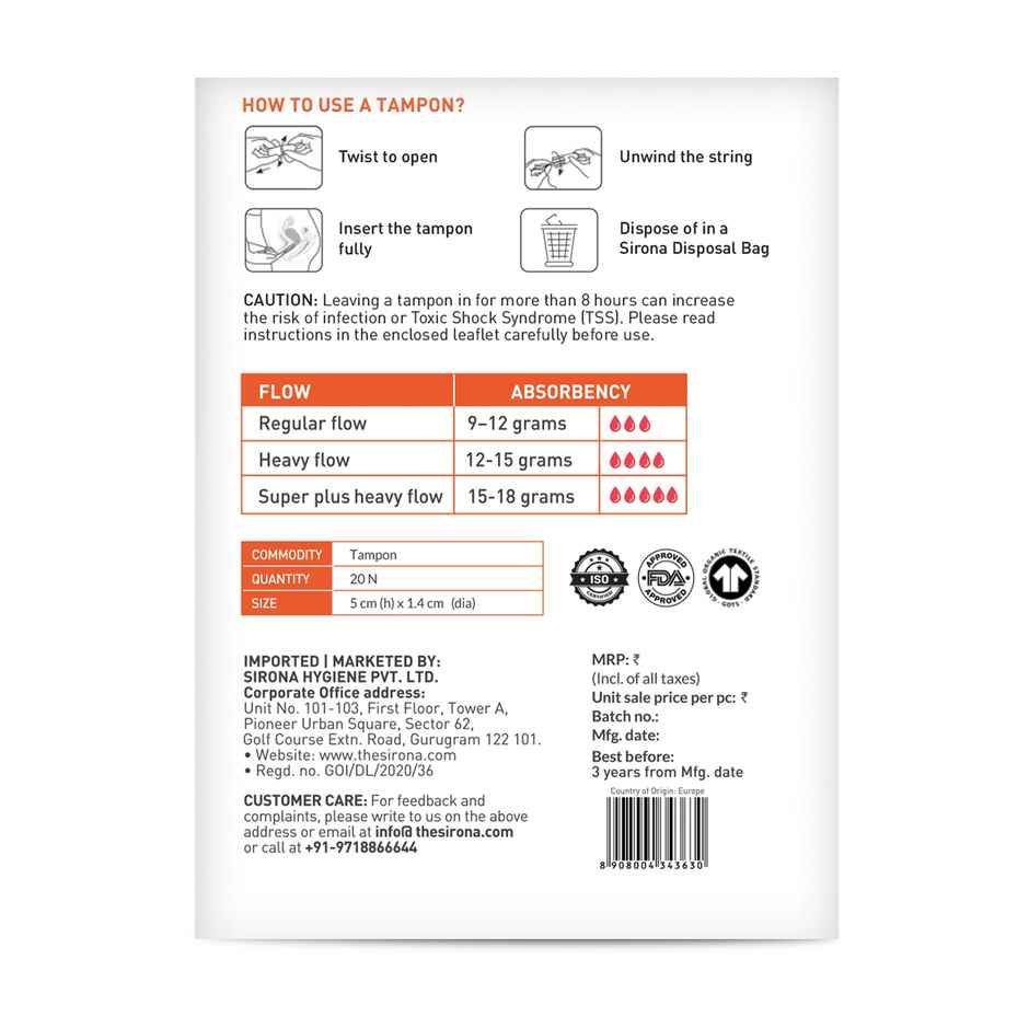 Sirona Heavy Flow Tampons | Organic Cotton Core | Ultra-High Absorbency and Leak-Proof Protection