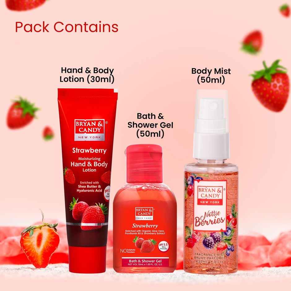Bryan & Candy Strawberry Bath Kit|Shower Gel|Fragrance Mist|Hand-Body Lotion|Pack Of 3