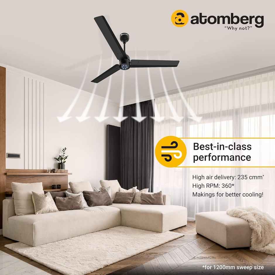 Atomberg Renesa BLDC Ceiling Fan,1200mm,Remote Control,BEE 5 Star,LED Indicators,Midnight Black