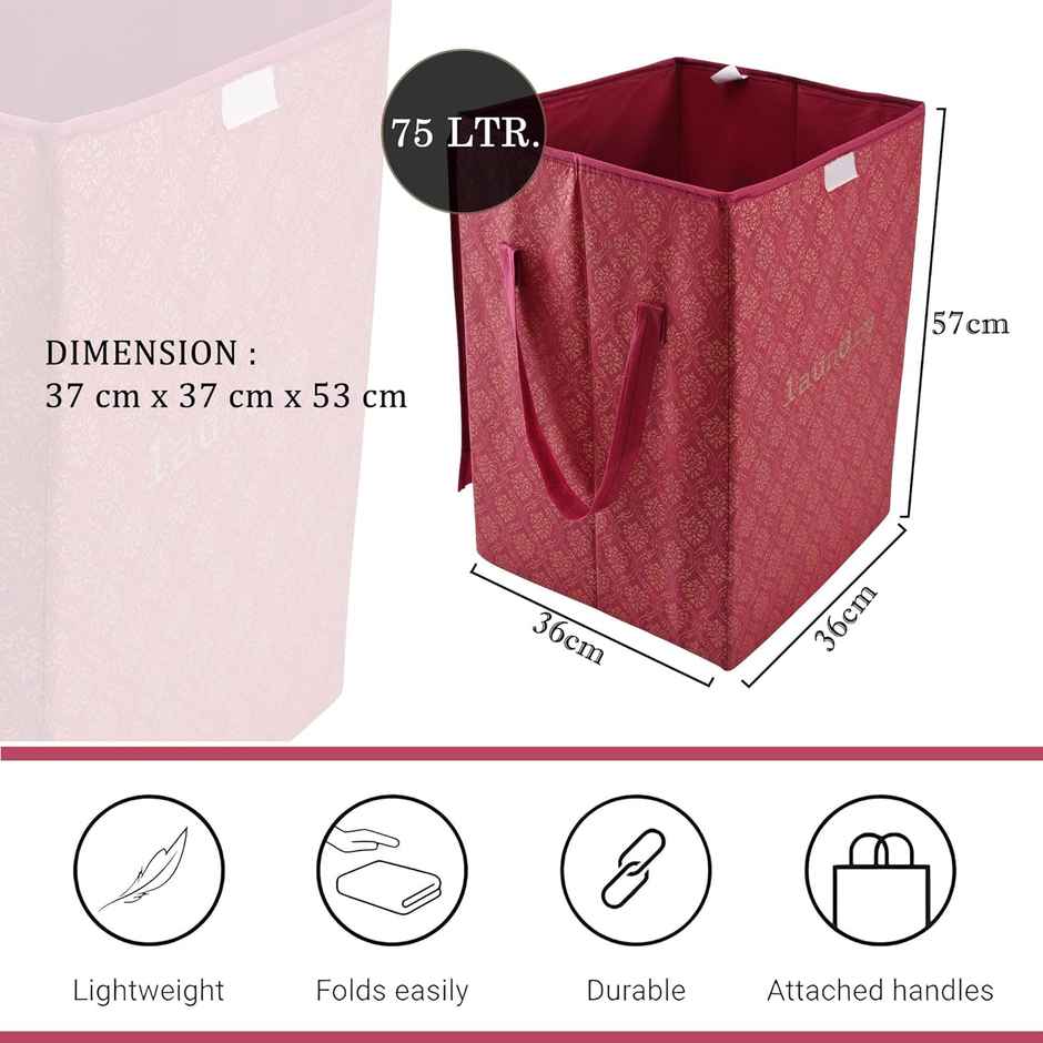 Kuber Industries | 75 L | Golden Print Foldable Laundry Basket | Lid & Handles | Maroon