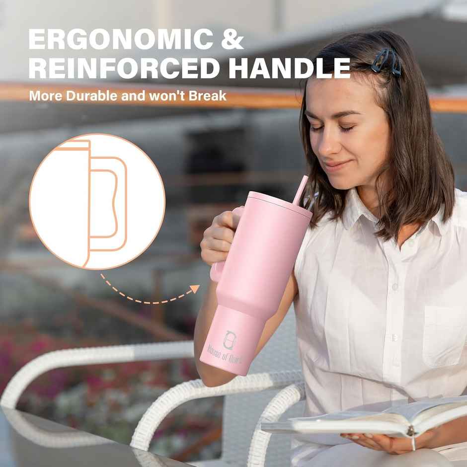 House of Quirk Stainless Steel Tumbler with Handle & Lid, 2 Straws | Misty Rose - 1200 ml