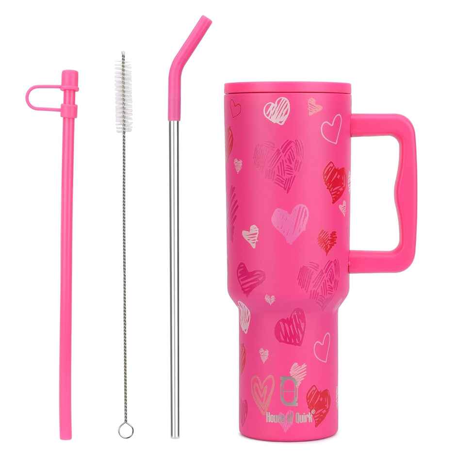 House of Quirk Stainless Steel Tumbler with Handle & Lid, 2 Straws | Rose Heart - 1200 ml