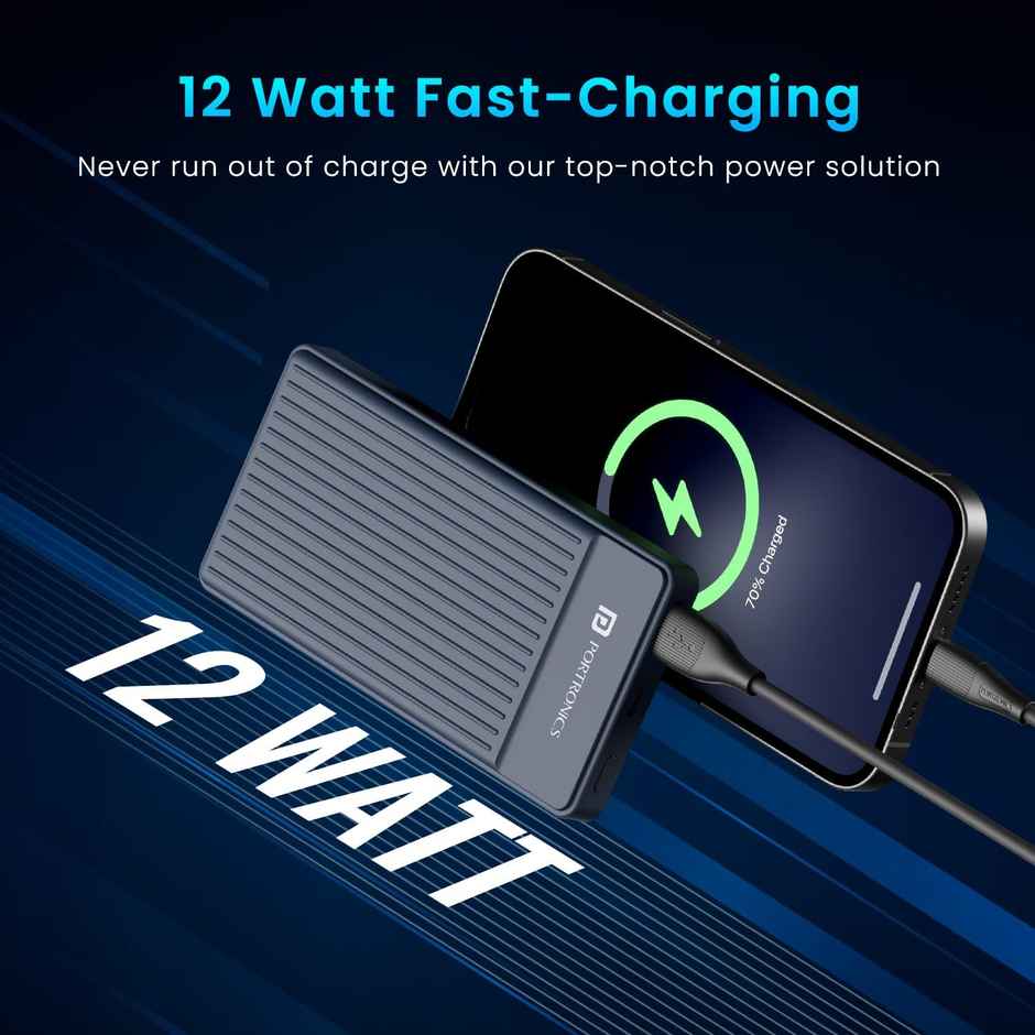 Portronics Luxcell B12 10,000mAh Ultra Slim Wired Power Bank with USB-A Output Port & Type C Input Port |12W Output |4-Layer Circuit Protection |BIS Certified |Type C Cable Included|Made in India - Dark Blue