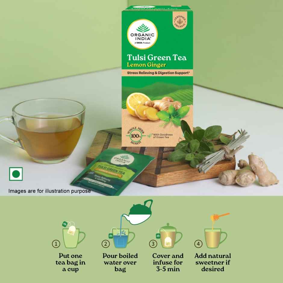 A TATA Product - Organic India Tulsi Green Tea Lemon Ginger - 25 Tea Bags, Supports Digestion