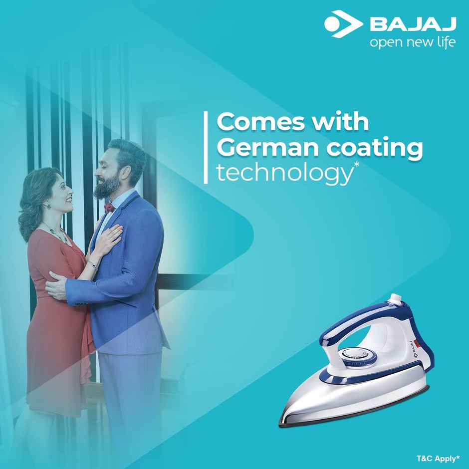 Bajaj DX-11 Stainless Steel Majesty 1000 Watts Dry Iron, Advance Soleplate And Anti-Bacterial German Coating Technology,  Automatic Shut Off, Thermal Safety Fuse - White & Blue