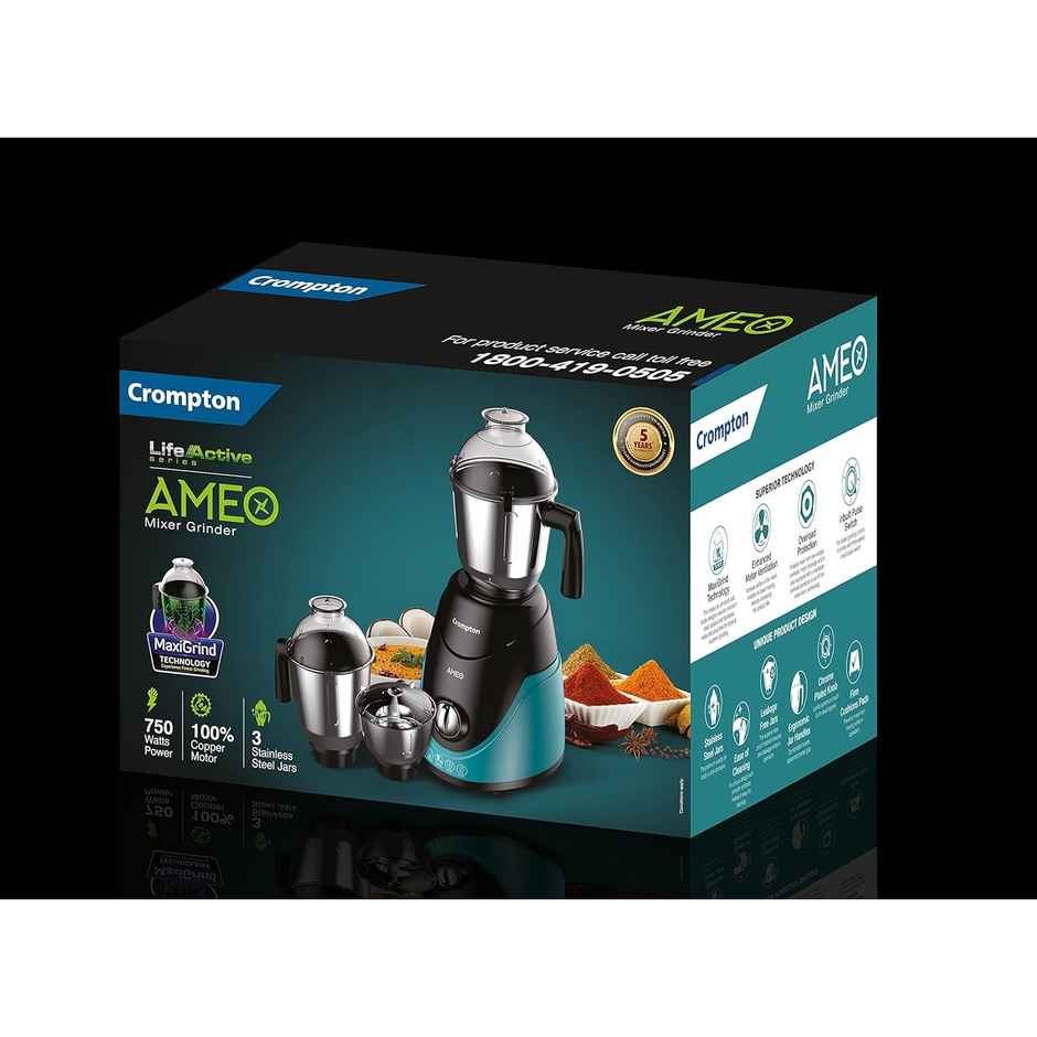 Crompton Ameo 750-Watt Mixer Grinder (3 Stainless Steel Jars And 1 Juicer Jar, Black & Turquoise)