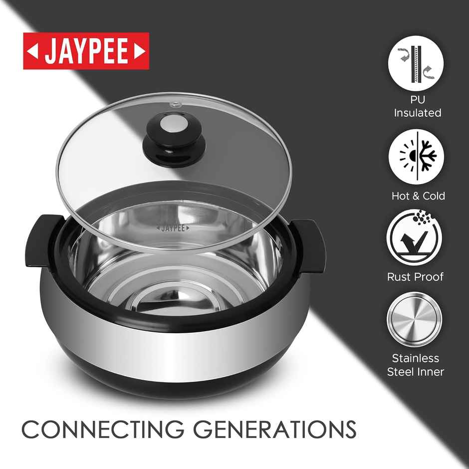 Jaypee Glasserol Serving Casserole|Inner Stainless Steel|PU Insulated | Toughened Glass Lid|Black