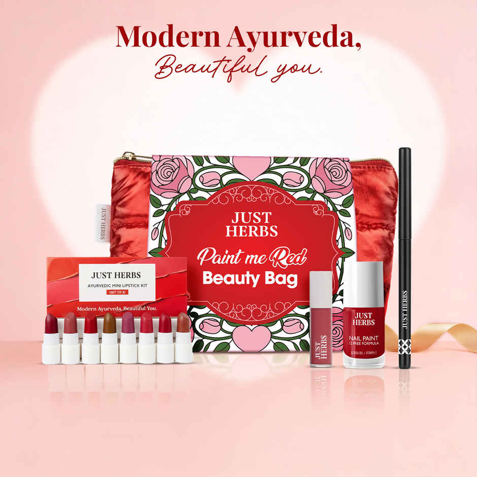 Just Herbs Paint Me Red Beauty Bag With Matte Lipstick Lip Gloss Kajal Nail Polish